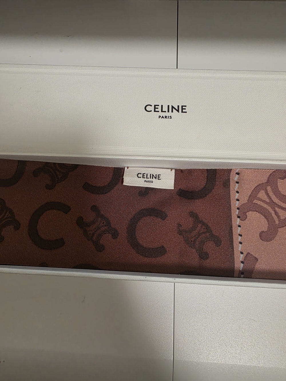 CELINE Brown Triomphe Motif Silk Twilly With Box